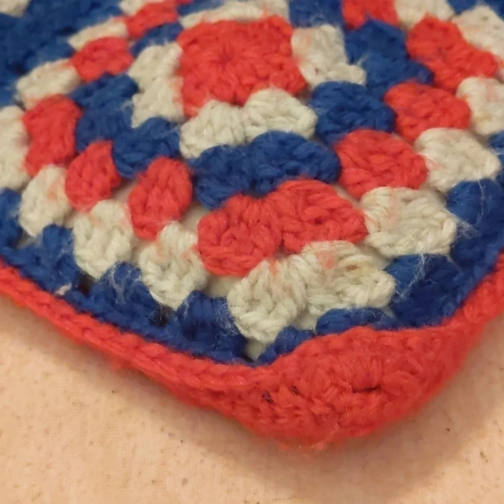 Vintage crochet pillow and Afghan. Red, white, and blue